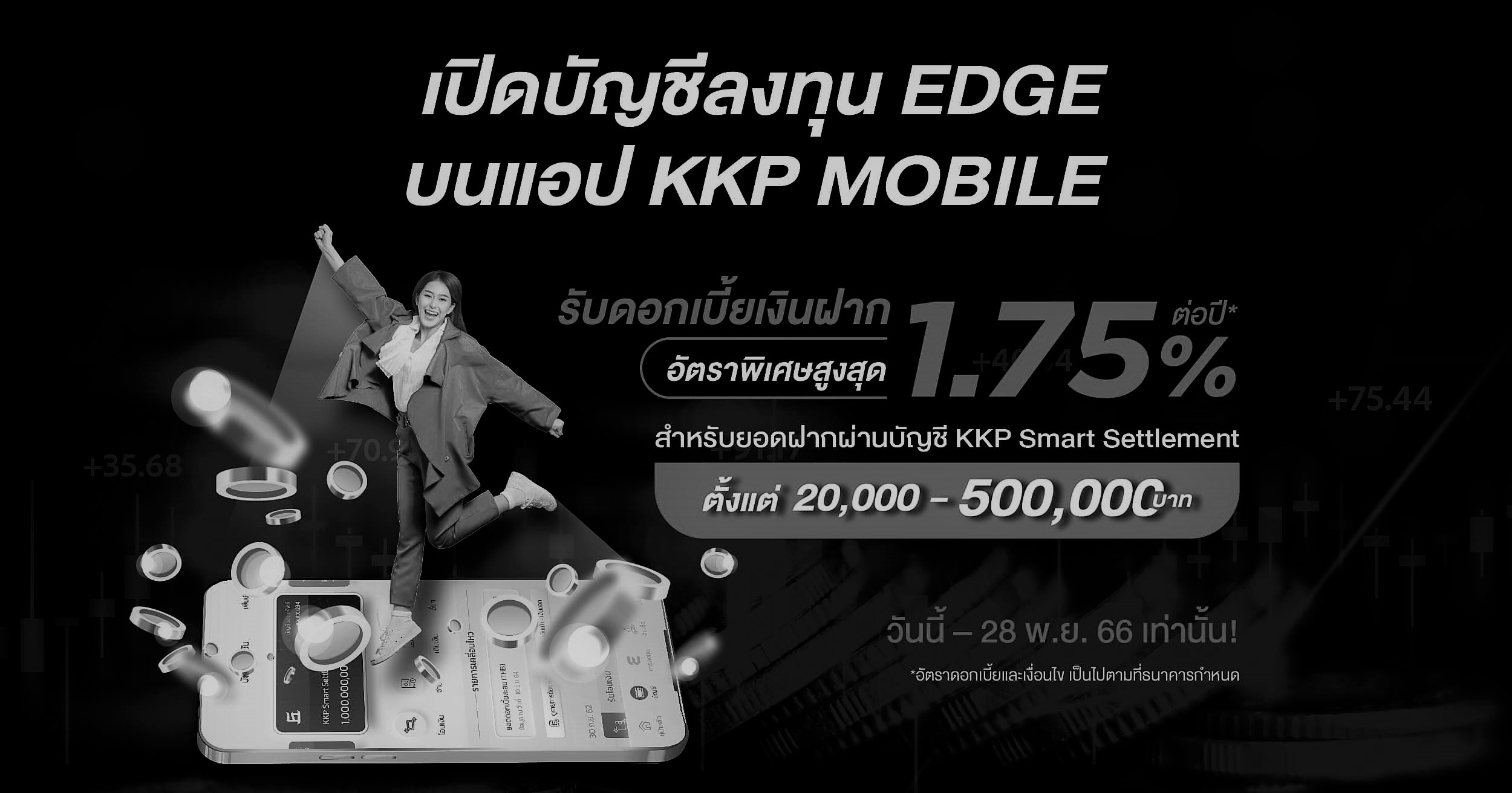 บัญชีเงินฝากดอกเบี้ยสูง สุดใจ 1.75% ต่อปี เมื่อเปิดบัญชีลงทุน EDGE บนแอป KKP MOBILE